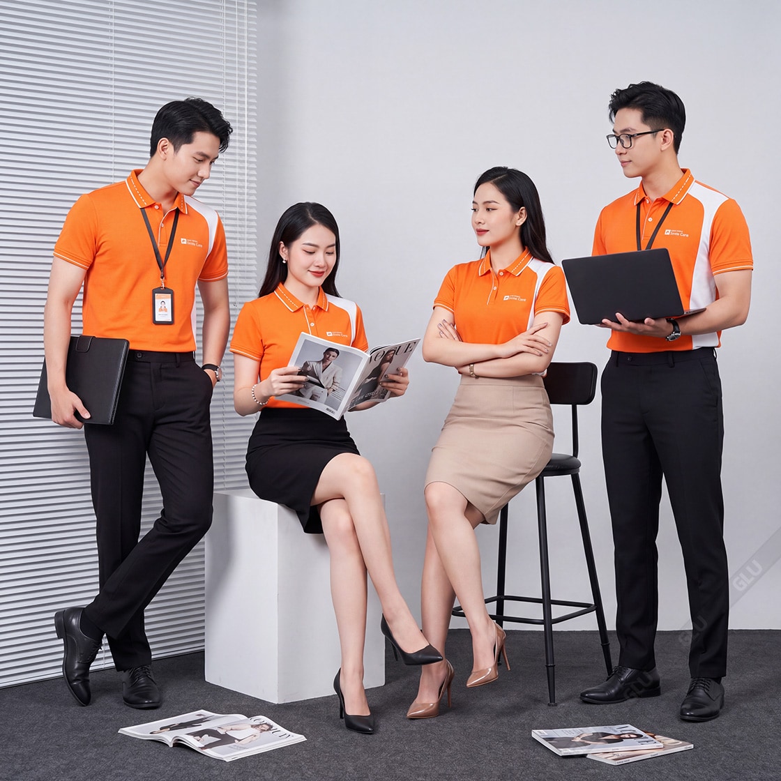Áo thun nữ đồng phục màu cam bo dệt kiểu cao cấp 4