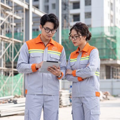 Bộ đồ bảo hộ lao động màu xám phối cam có phản quang 1
