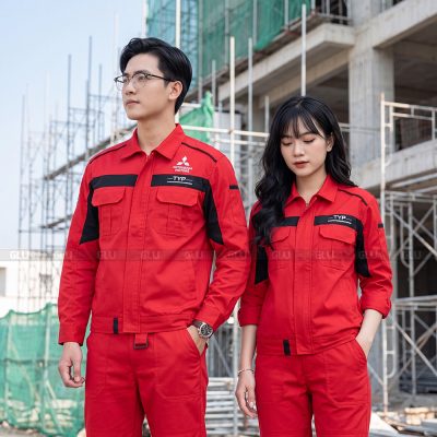 Bộ quần áo bảo hộ lao động màu đỏ phối đen sang trọng 1