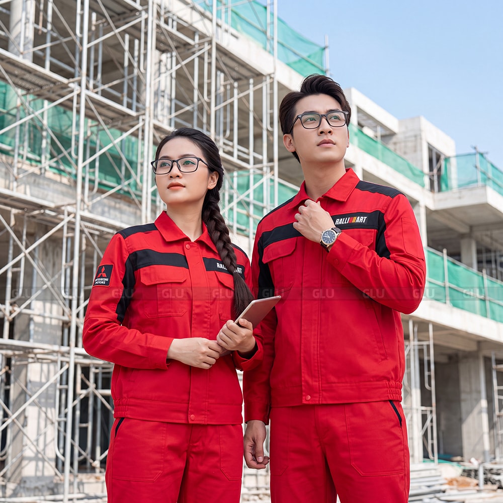 Bộ quần áo bảo hộ lao động màu đỏ phối đen sang trọng 3