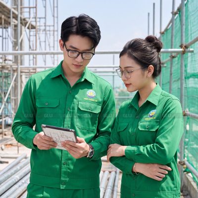 Đồng phục bảo hộ giá rẻ màu xanh lá logo in Pet 1