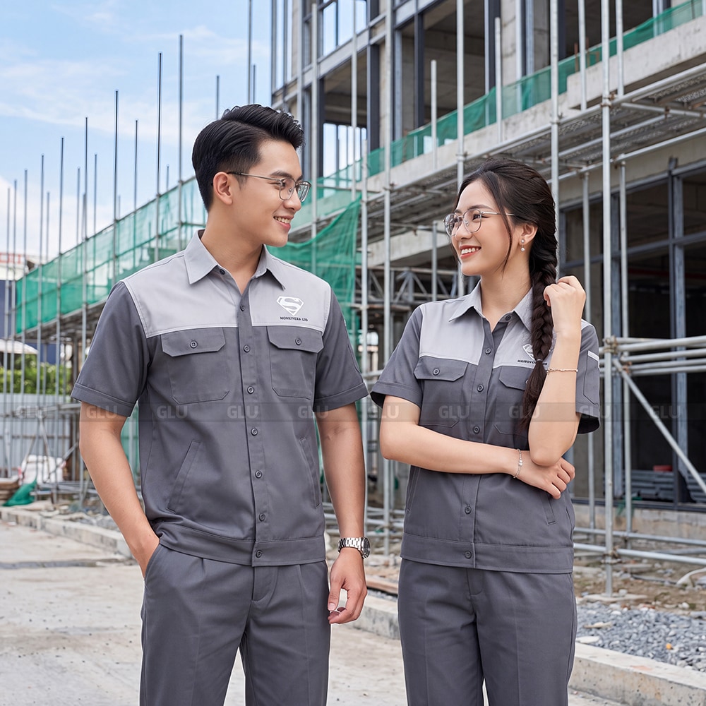 Đồng phục công nhân xây dựng tay ngắn màu xám phối trắng 4
