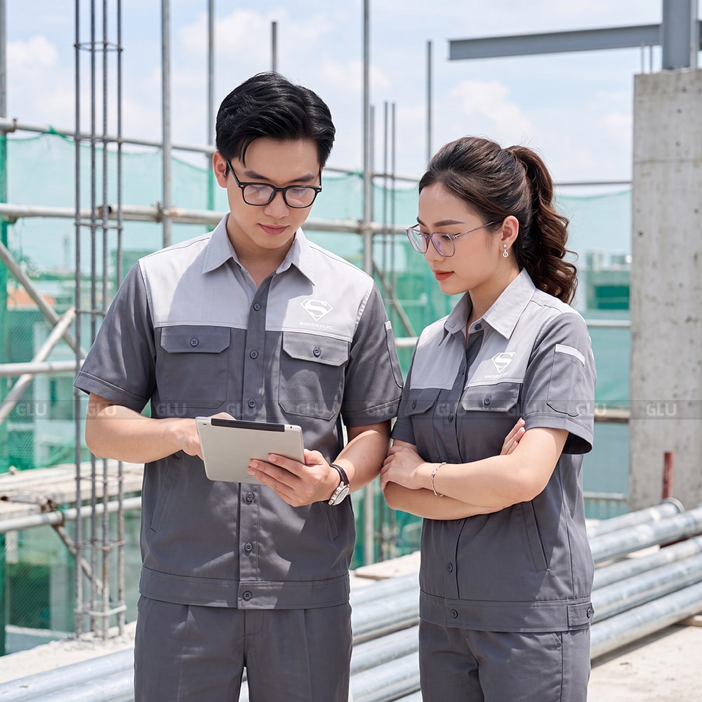 Đồng phục công nhân xây dựng tay ngắn màu xám phối trắng 5