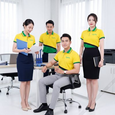 Đồng phục công ty Cyrix màu vàng phối xanh lá 3