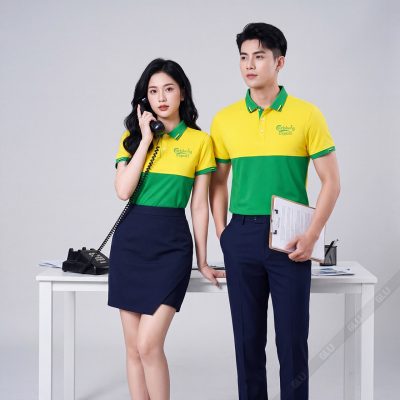 Đồng phục công ty giá tốt màu vàng phối xanh lá 3