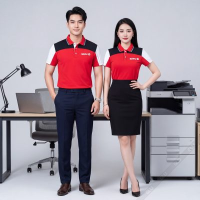 Đồng phục doanh nghiệp SMU màu đỏ phối đen, trắng 3