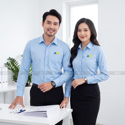 Đồng phục nữ công sở sơ mi tay dài màu xanh 5
