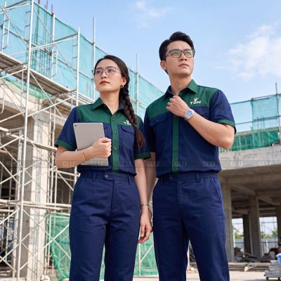 Mẫu áo đồng phục công nhân màu xanh navy phối xanh lá đậm 5