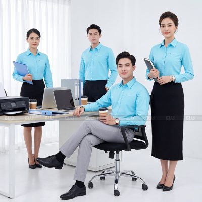 Mẫu áo đồng phục sơ mi tay dài màu xanh cao cấp 3