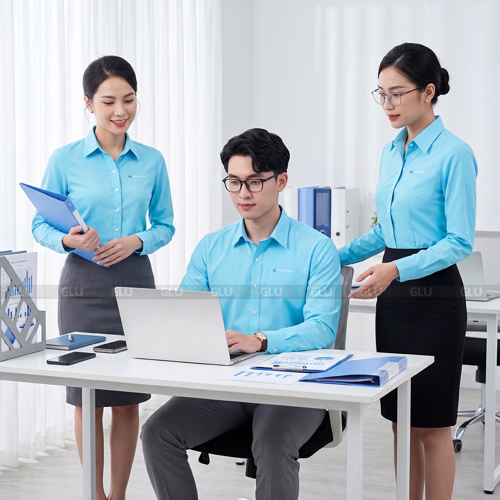 Mẫu áo đồng phục sơ mi tay dài màu xanh cao cấp 4