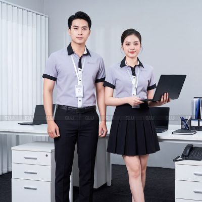 Mẫu áo sơ mi đồng phục công ty tay ngắn màu xám phối đen trắng 5