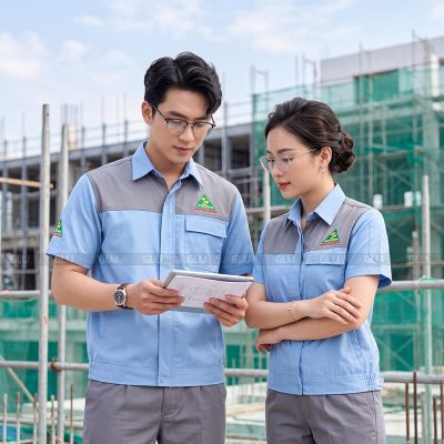 Mẫu bảo hộ lao động tay ngắn màu xanh phối xám 1