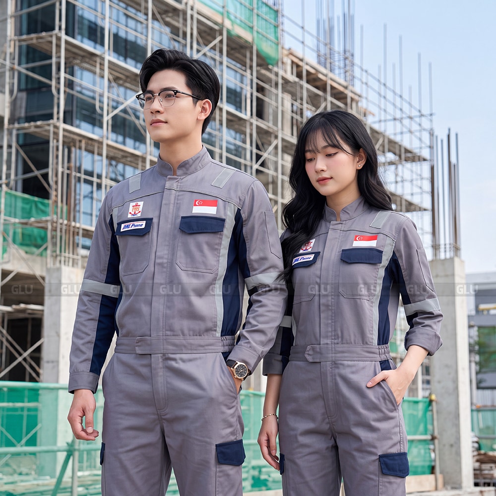 Mẫu đồng phục công nhân đẹp phối kiểu in logo nhiều vị trí cao cấp 3