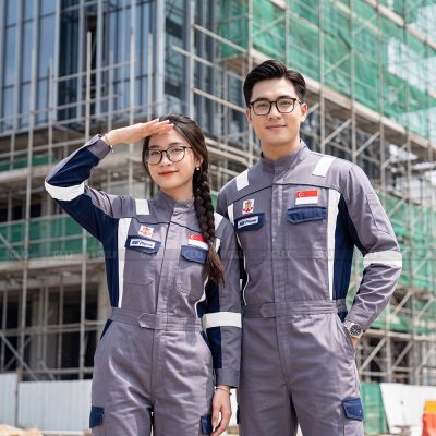 Mẫu đồng phục công nhân đẹp phối kiểu in logo nhiều vị trí cao cấp 4