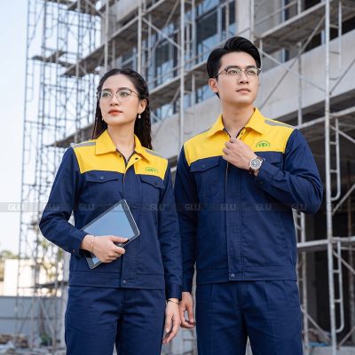 Mẫu đồng phục công nhân màu xanh đen phối đỏ có phản quang 1