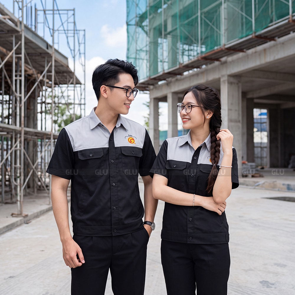 May áo đồng phục công nhân tay ngắn logo in 1