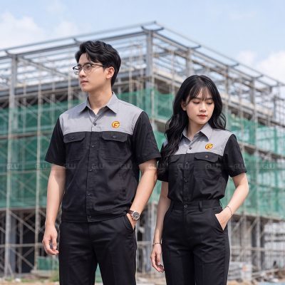 May áo đồng phục công nhân tay ngắn logo in 3