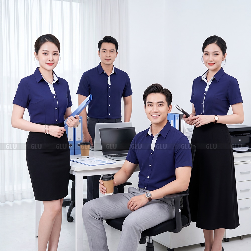 May áo sơ mi đồng phục công sở màu xanh navy phối trắng 2