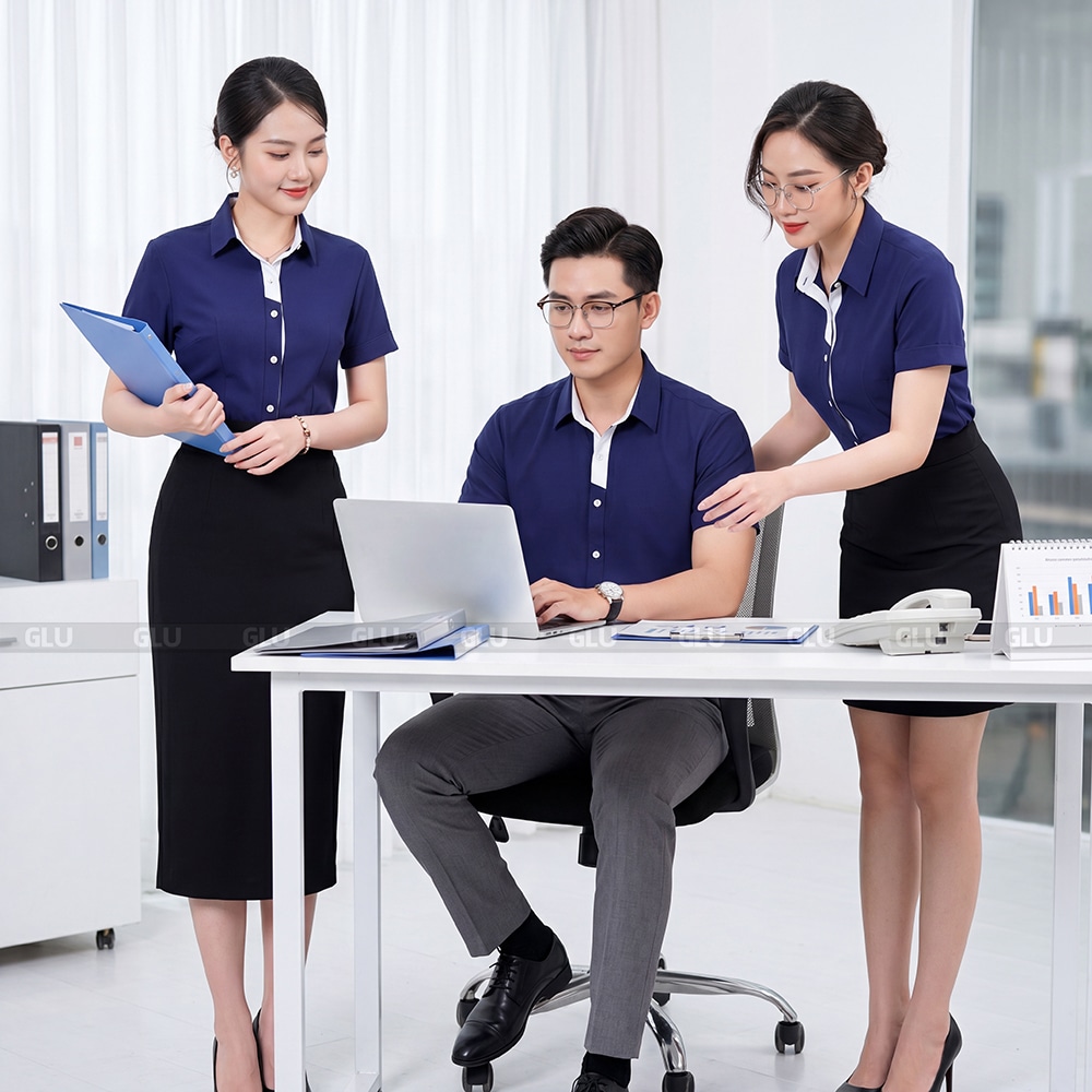 May áo sơ mi đồng phục công sở màu xanh navy phối trắng 3