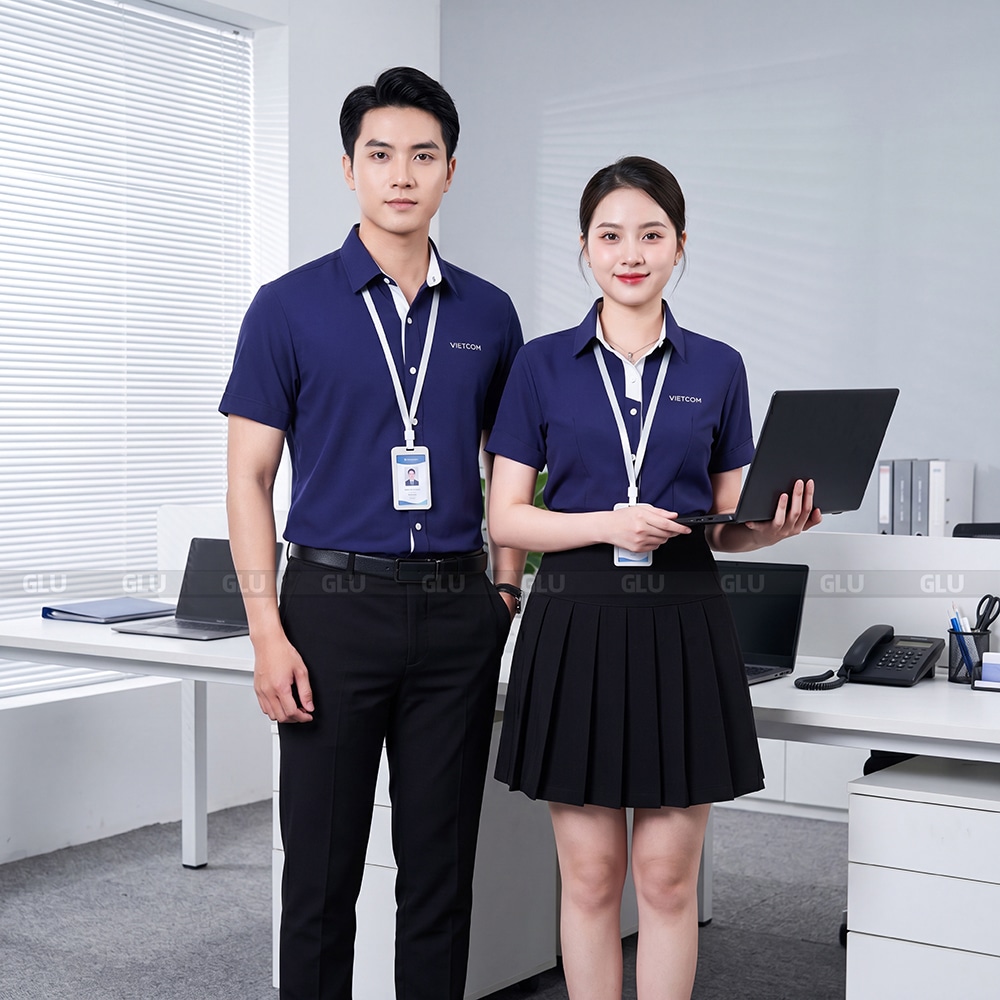 May áo sơ mi đồng phục công sở màu xanh navy phối trắng 4