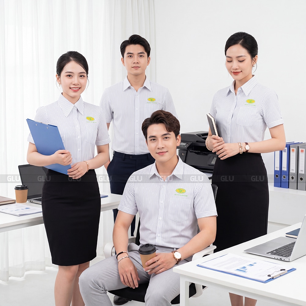 May áo sơ mi đồng phục màu trắng logo thêu cao cấp 1