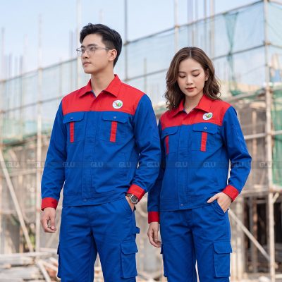 May đồng phục bảo hộ lao động màu xanh dương phối đỏ 1