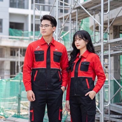 Quần áo bảo hộ công nhân màu đỏ phối đen vải cao cấp 1