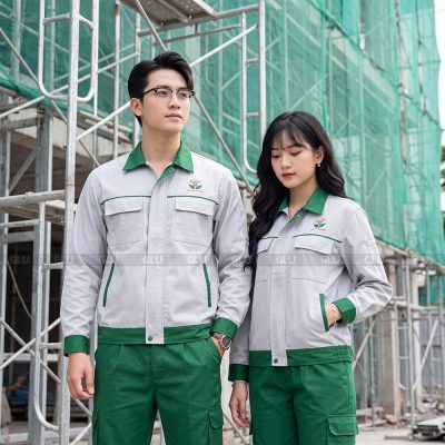 Quần áo bảo hộ màu xám phối xanh lá 1