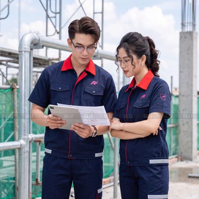 Quần áo công nhân giá cực rẻ tay ngắn xanh navy phối đỏ 2