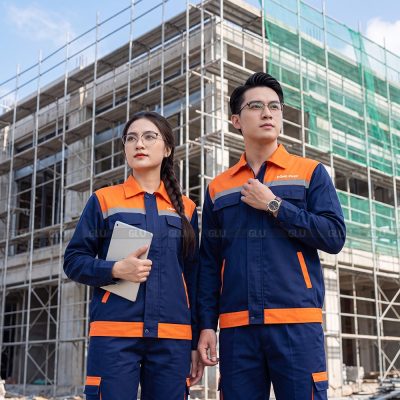 Quần áo công nhân giá rẻ màu xanh đen phối cam có phản quang 4