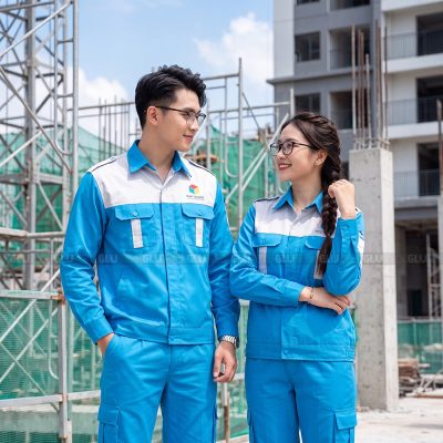 Quần áo công nhân màu xanh dương nhạt phối xám logo in 3