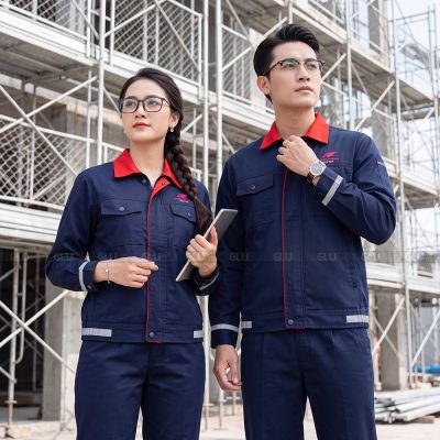 Quần áo đồng phục công nhân tay dài màu xanh navy phối đỏ 5