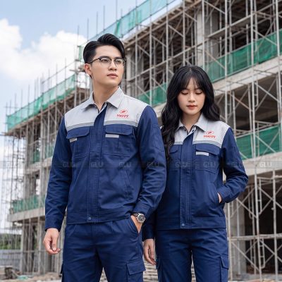 Quần áo lao động màu xanh navy phối xám có phản quang 1