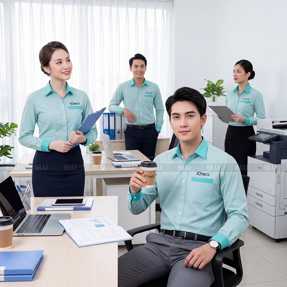 Sơ mi đồng phục Icheck màu xanh ngọc vải Kate cao cấp 4