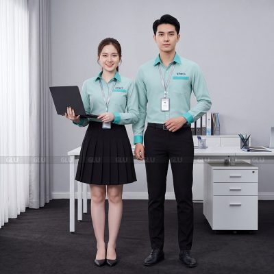 Sơ mi đồng phục Icheck màu xanh ngọc vải Kate cao cấp 5