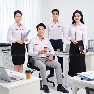 Sơ mi đồng phục tay dài màu trắng phối đỏ 1
