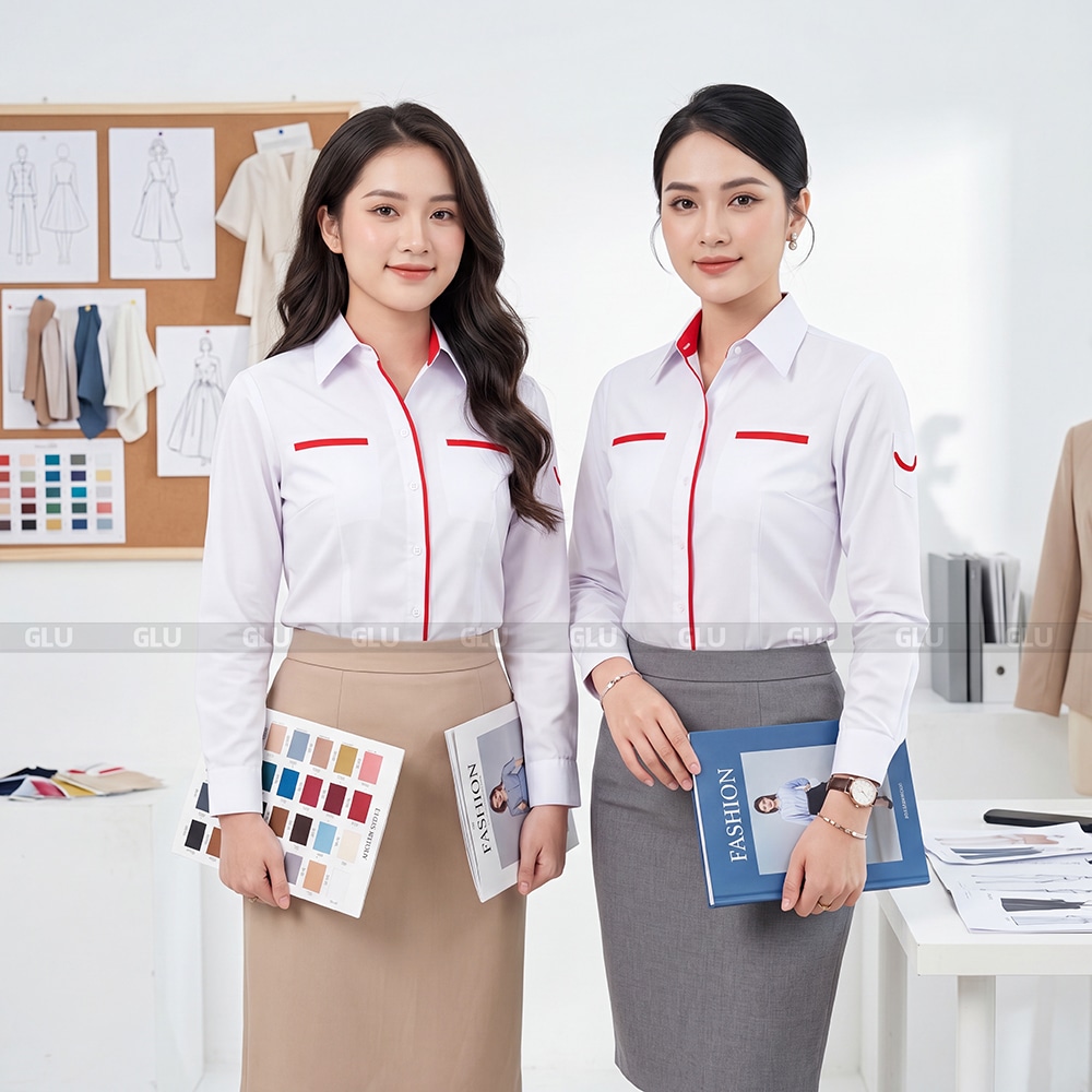 Sơ mi đồng phục tay dài màu trắng phối đỏ 2
