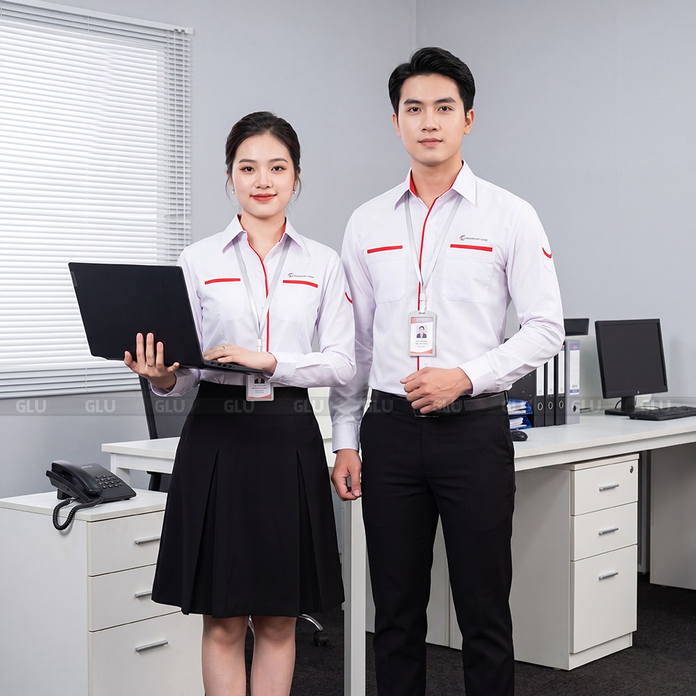 Sơ mi đồng phục tay dài màu trắng phối đỏ 3
