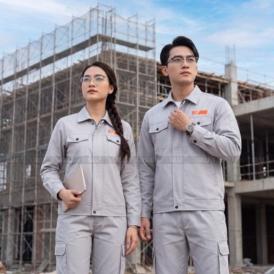 Trang phục lao động tay dài màu xám logo thêu bền đẹp 3