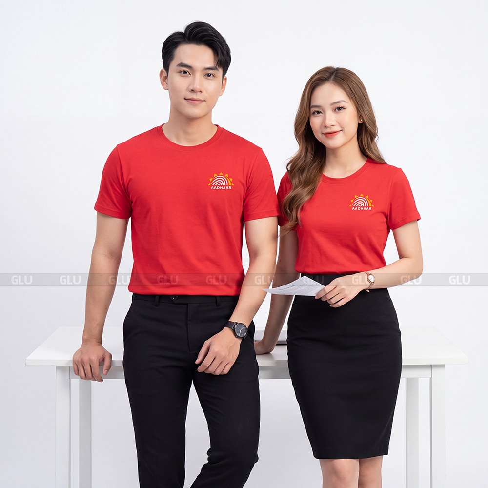 Áo cổ tròn may sẵn màu đỏ giá tốt cho doanh nghiệp 1