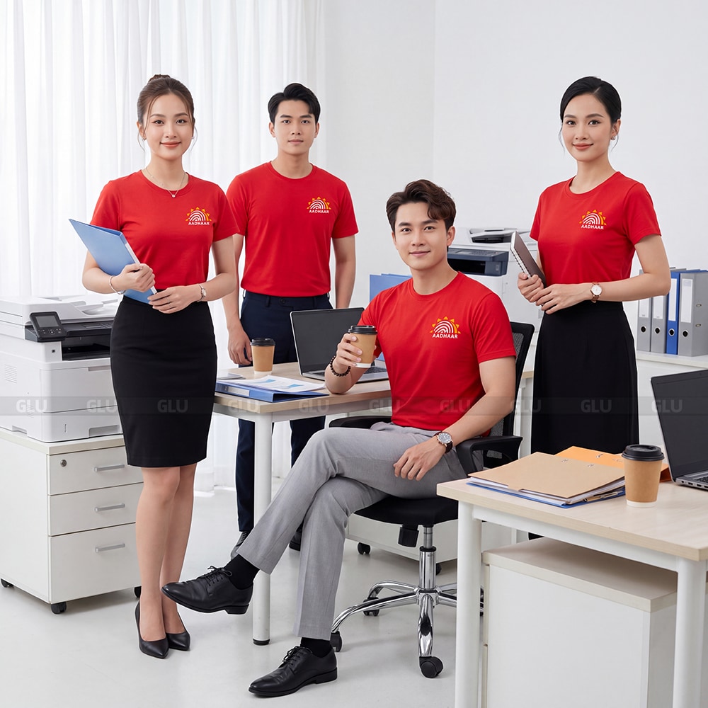 Áo cổ tròn may sẵn màu đỏ giá tốt cho doanh nghiệp 8