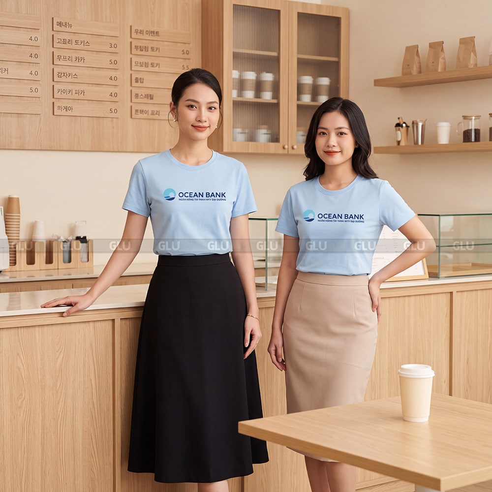 Áo cổ tròn đồng phục may sẵn chất vải Sufa màu xanh dương 5