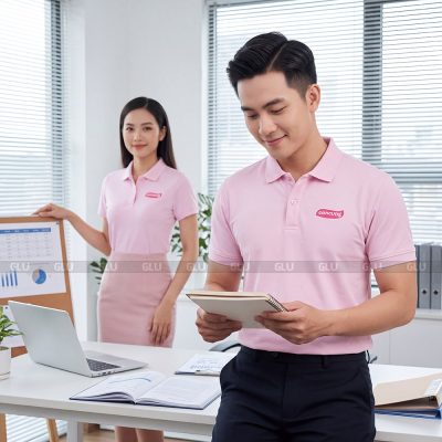 Áo đồng phục polo có cổ may sẵn màu hồng sản xuất tại xưởng 1