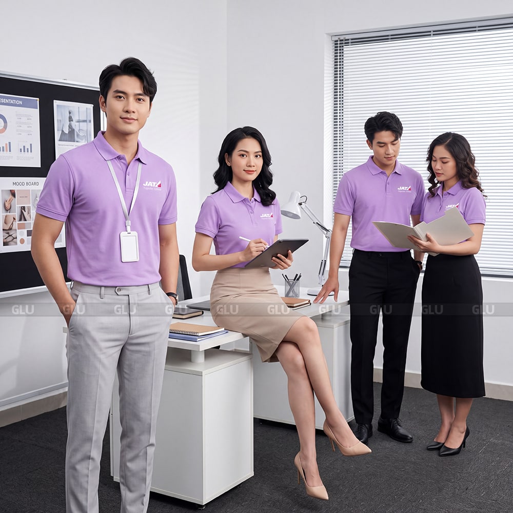 Áo nhóm polo có sẵn màu tím in hình và theo yêu cầu 1