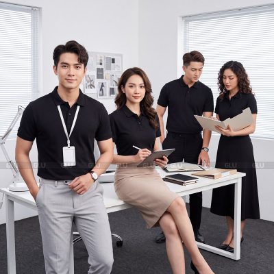 Áo polo ngắn tay đồng phục may sẵn màu đen năng động 1
