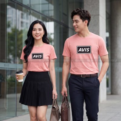 Áo thun cổ tròn may sẵn màu hồng in logo theo yêu cầu 5