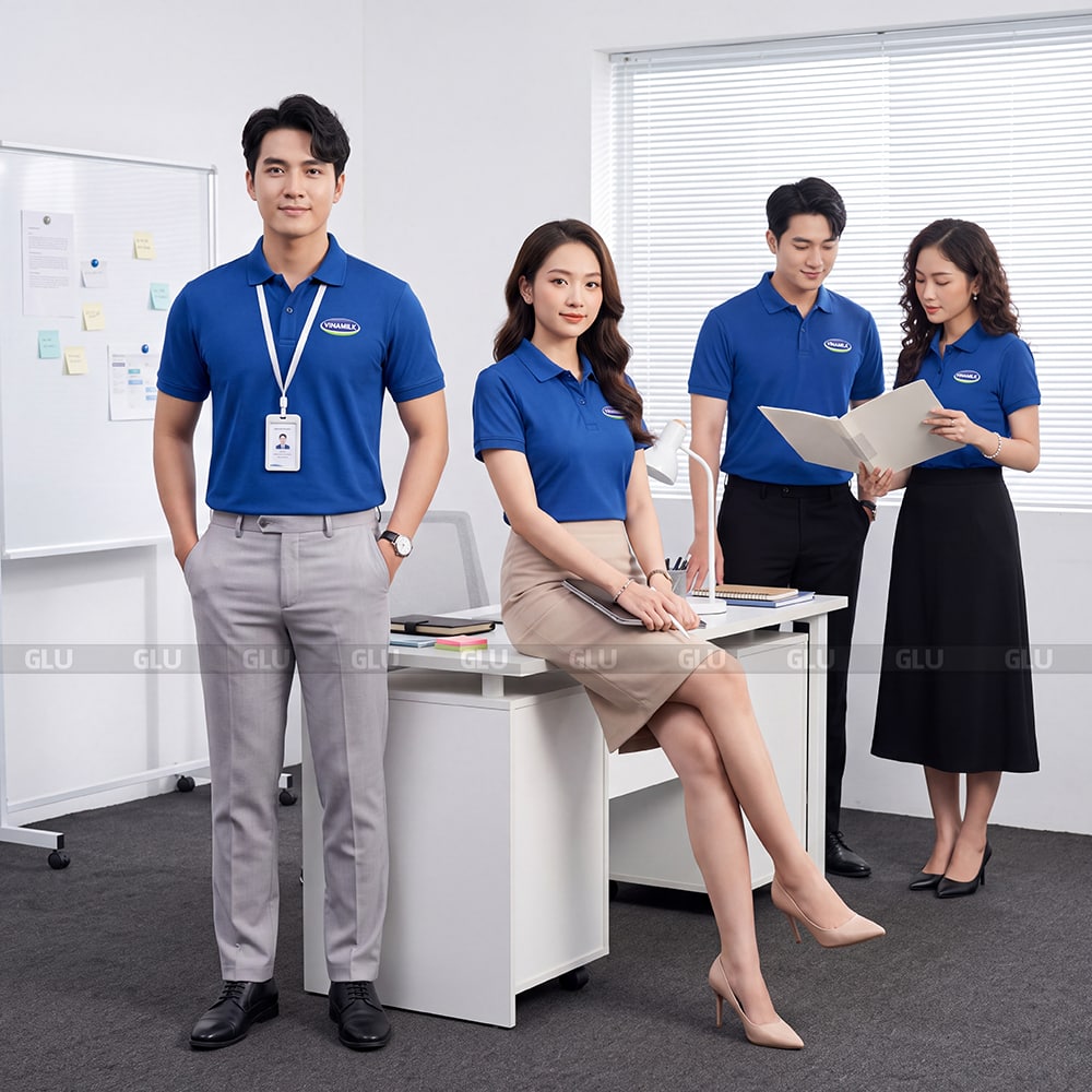 Áo thun đồng phục có cổ may sẵn màu xanh chất liệu mềm 1