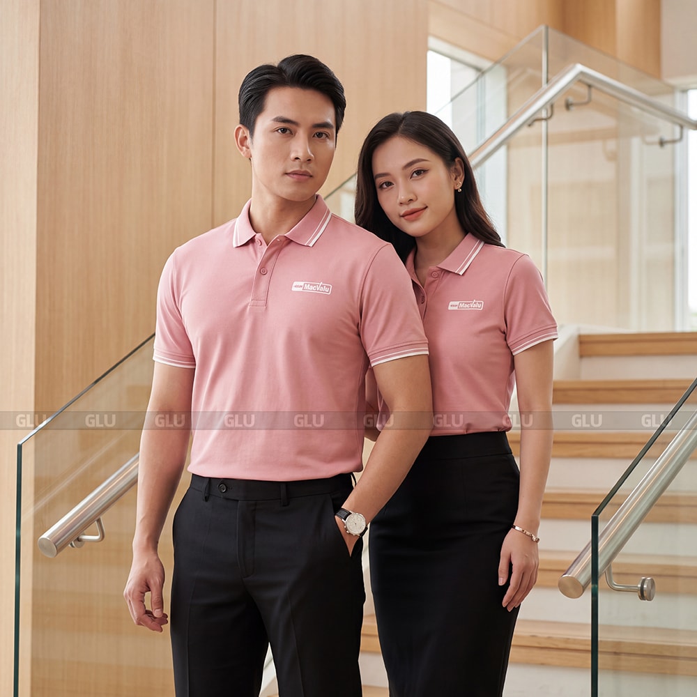 Áo thun polo cổ trụ đồng phục có sẵn màu hồng form đứng 1