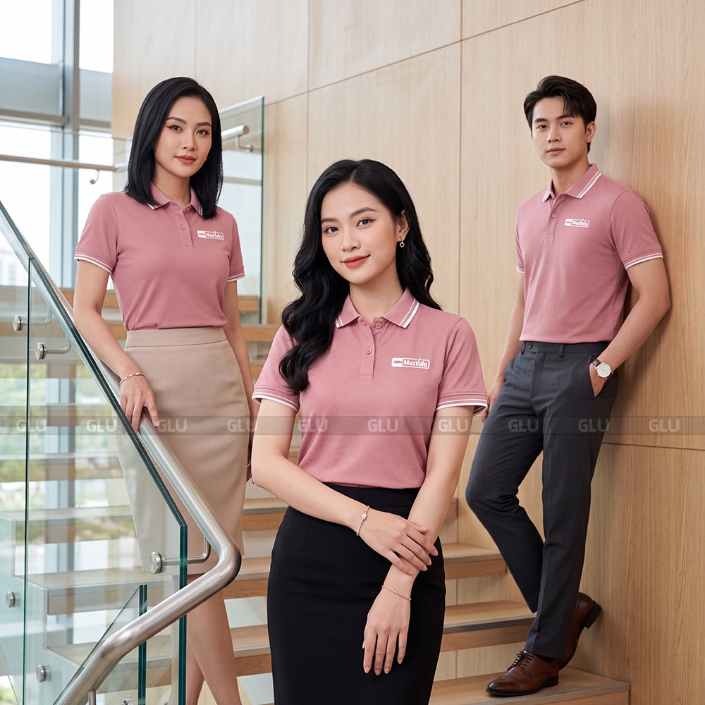 Áo thun polo cổ trụ đồng phục có sẵn màu hồng form đứng 6