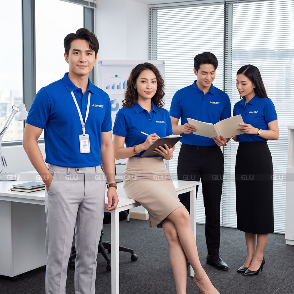 Áo thun polo đồng phục may sẵn màu xanh dương co giãn tốt 1